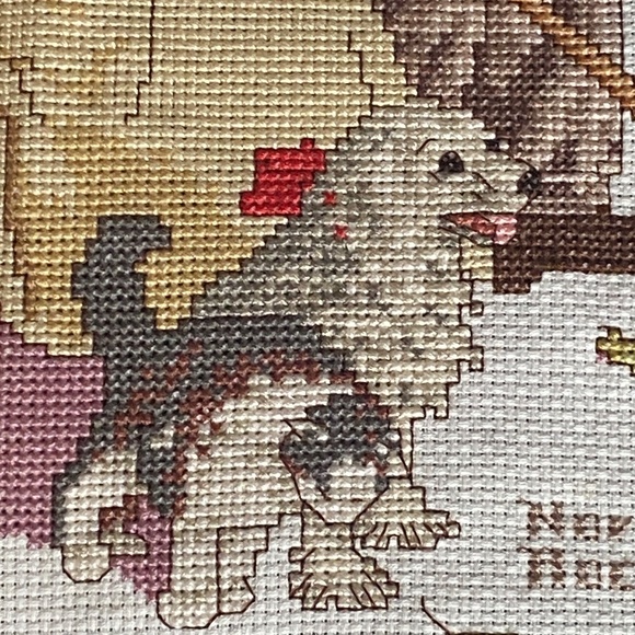 Norman Rockwell vintage cross stitch. Couple with animals on loveseat - Picture 5 of 14